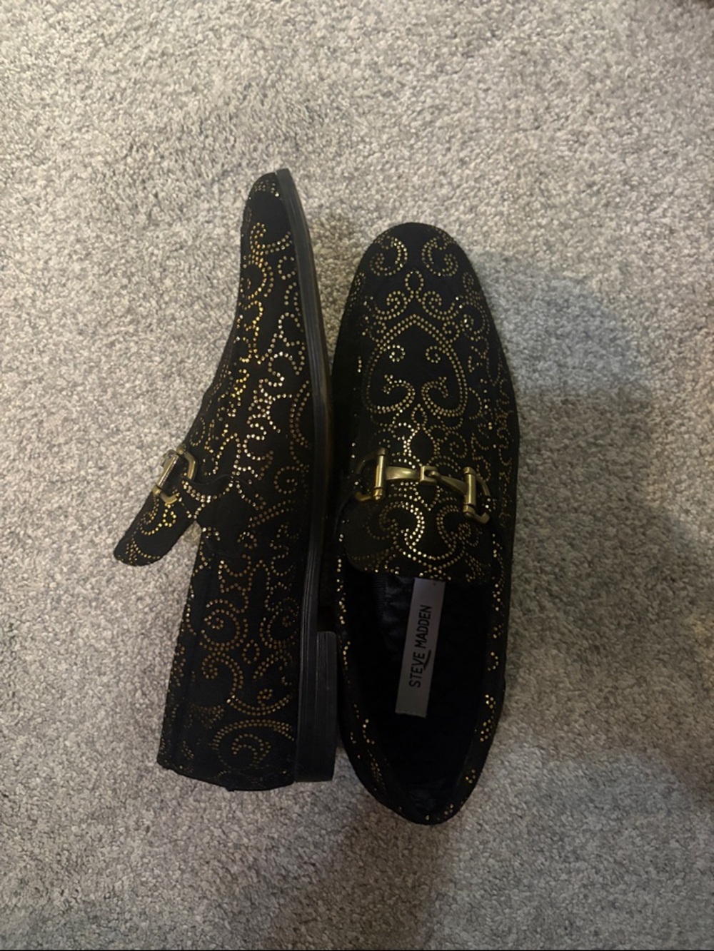 Steve Madden Black Loafers with Gold Studded Swirl Detail - Picture 2 of 5